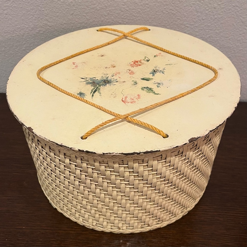 Vintage Harvey Yellow Wicker & Wood Sewing Basket with Painted Floral Enamel Lid